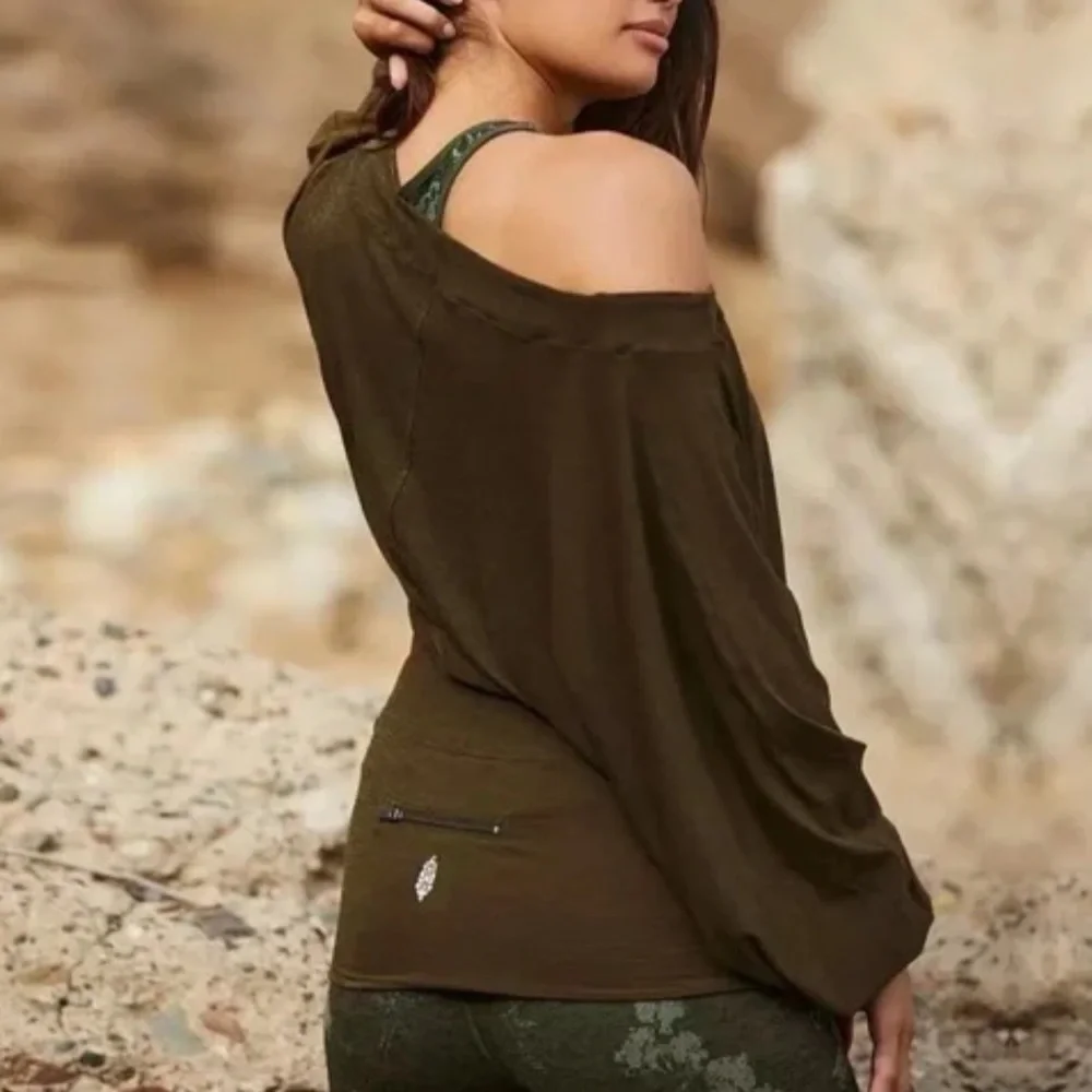 Free People Movement- OLIVE Green Sky High Long sleeve Top with back zipper